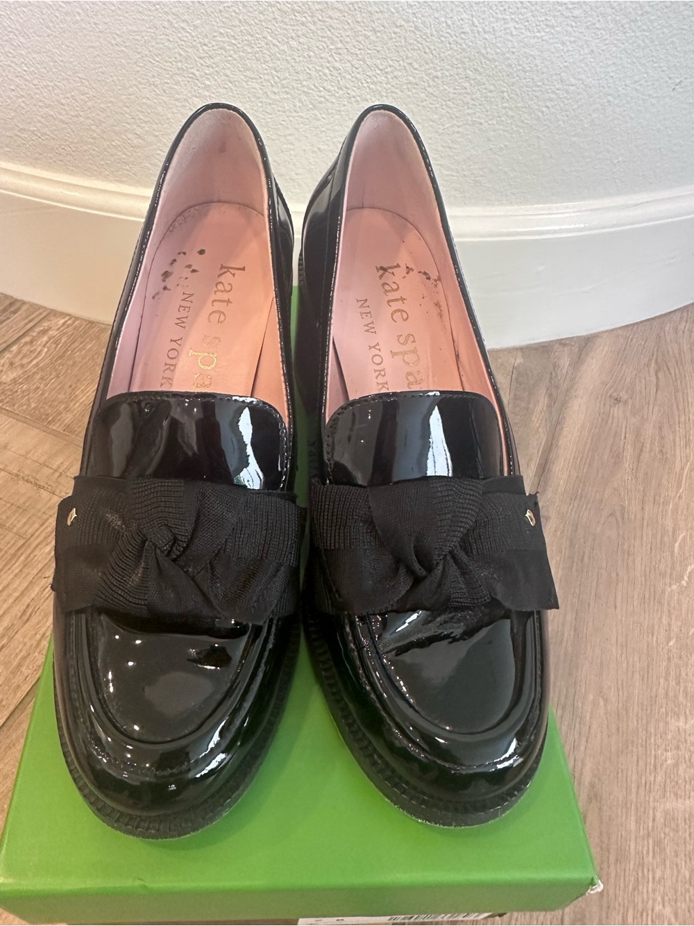Kate Padr Black Patent Leandra heel Loafers with Fabric Bow